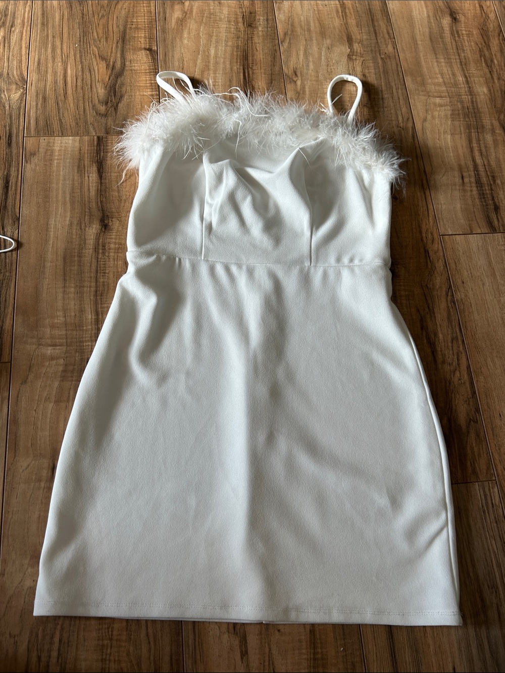 Feather-Trim White Mini Dress with Spaghetti Straps
